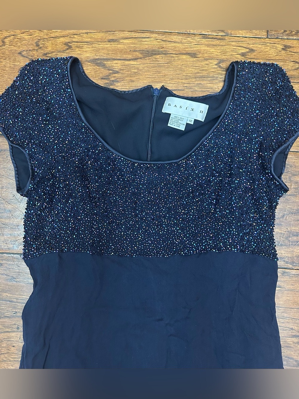 Bieff BASIX David York Vintage Navy Beaded Silk Cap-Sleeve Maxi Dress - Picture 3 of 5